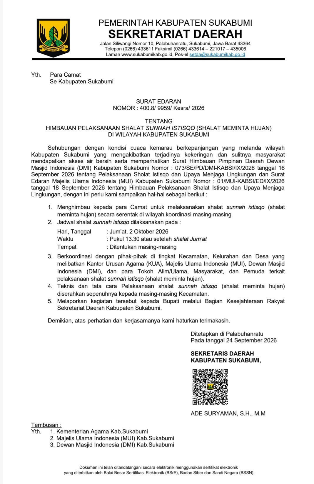MUI Kabupaten Sukabumi dan Pemkab Imbau Pelaksanaan Salat Istisqa Serentak 2 Oktober 2026